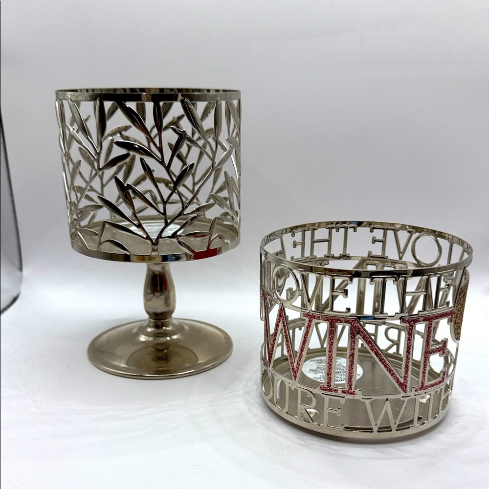 Bath & Body Works WINE & leaves (2) Silver Decorative Candle Holders